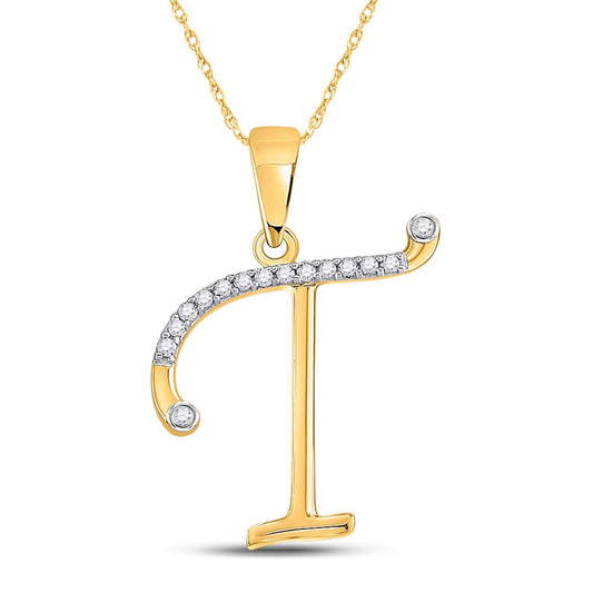 10k Yellow Gold Round Diamond T Initial Letter Pendant 1/10 Cttw