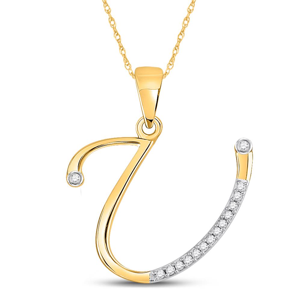 10k Yellow Gold Round Diamond U Initial Letter Pendant 1/12 Cttw