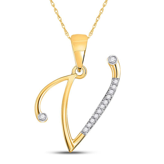 10k Yellow Gold Round Diamond V Initial Letter Pendant 1/20 Cttw