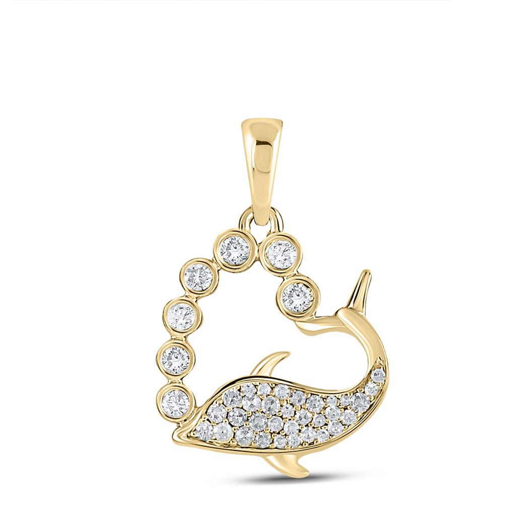 10k Yellow Gold Round Diamond Dolphin Heart Pendant 1/4 Cttw