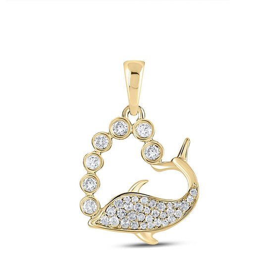 10k Yellow Gold Round Diamond Dolphin Heart Pendant 1/4 Cttw