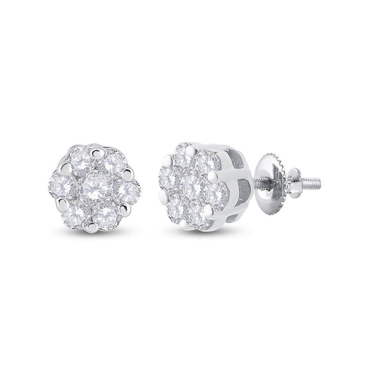 14k White Gold Round Diamond Cluster Earrings 1/6 Cttw
