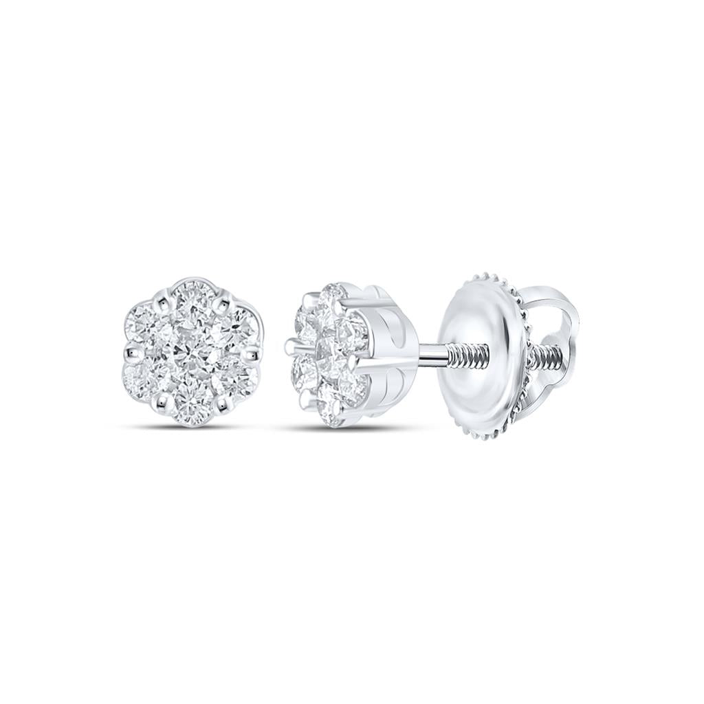 14k White Gold Round Diamond Flower Cluster Earrings 1/3 Cttw