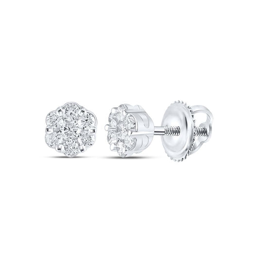 14k White Gold Round Diamond Flower Cluster Earrings 1/3 Cttw