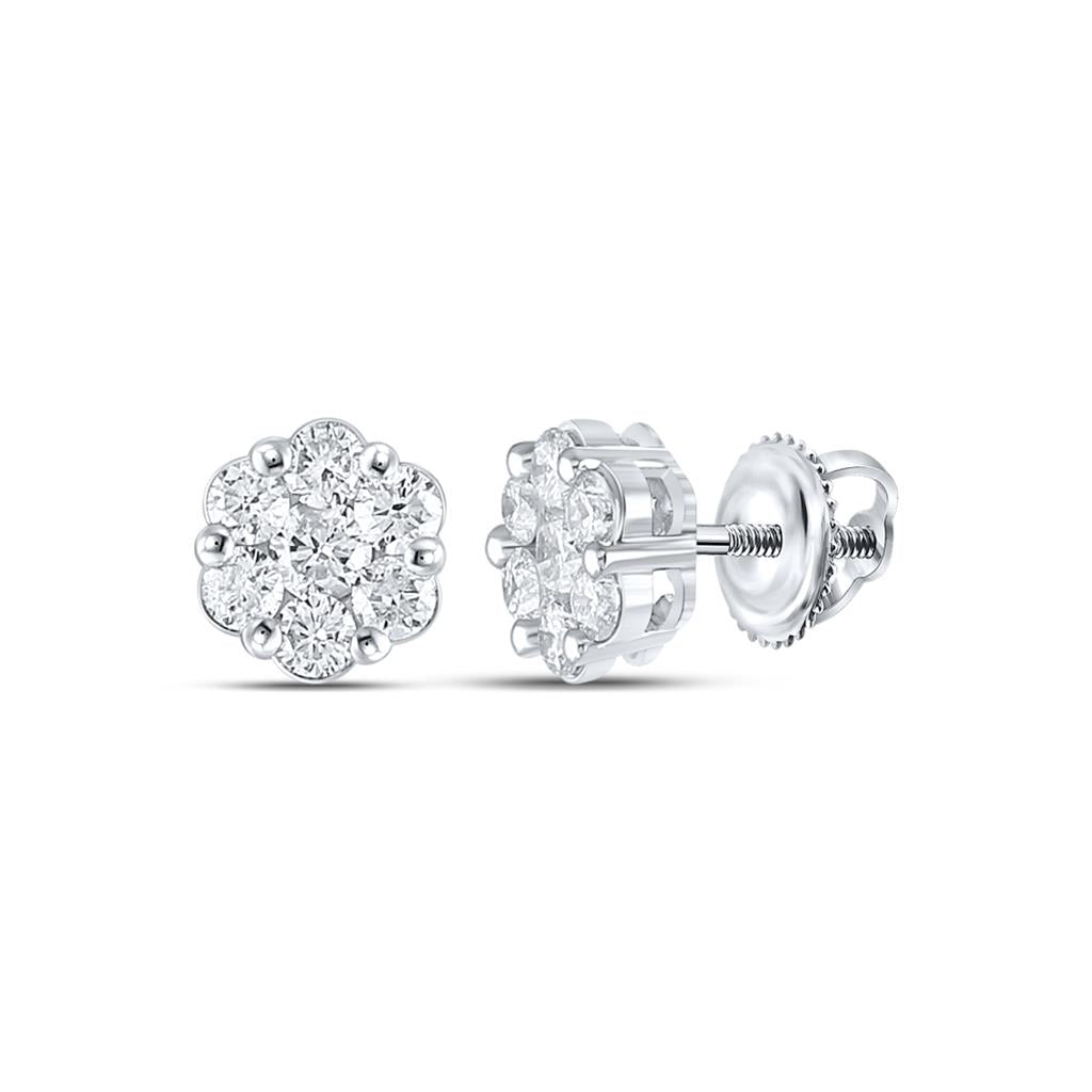 14k White Gold Round Diamond Flower Cluster Earrings 1 Cttw