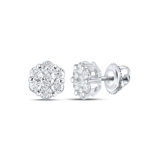 14k White Gold Round Diamond Flower Cluster Earrings 1 Cttw