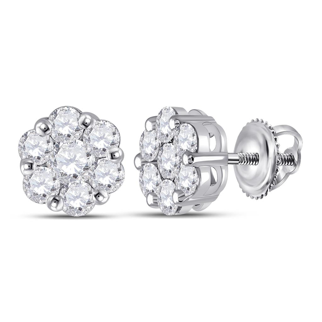 14k White Gold Round Diamond Flower Cluster Earrings 1-3/4 Cttw