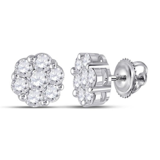14k White Gold Round Diamond Flower Cluster Earrings 2 Cttw
