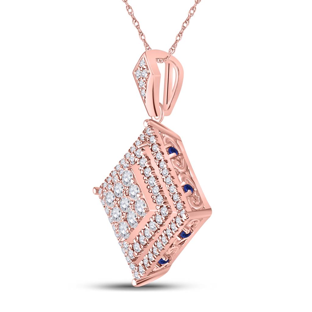 14k Rose Gold Round Diamond Blue Sapphire Square Pendant 7/8 Cttw