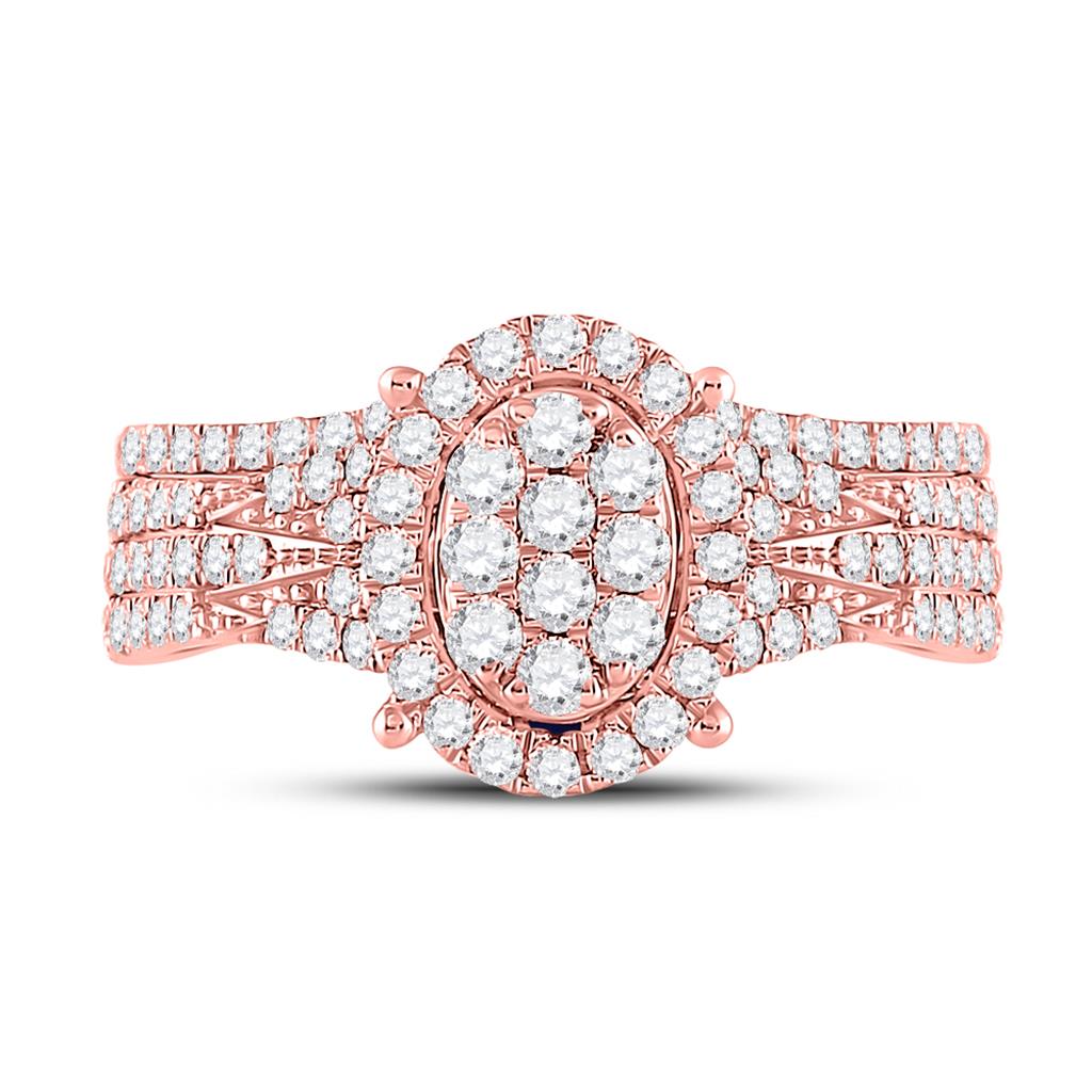 14k Rose Gold Round Diamond Cluster Bridal Wedding Ring Set 7/8 Cttw