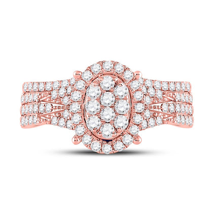 14k Rose Gold Round Diamond Cluster Bridal Wedding Ring Set 7/8 Cttw