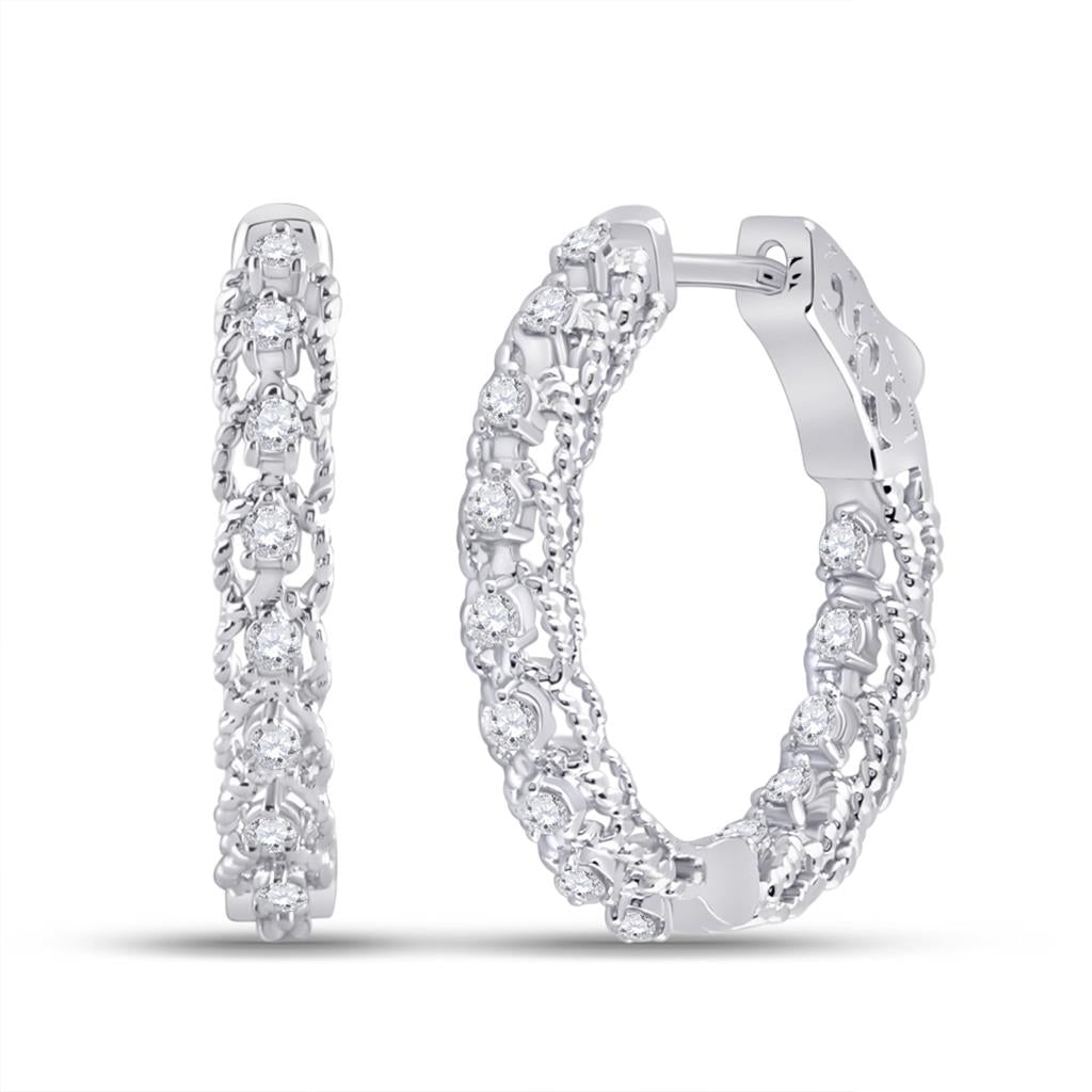 14k White Gold Round Diamond Hoop Earrings 1/2 Cttw