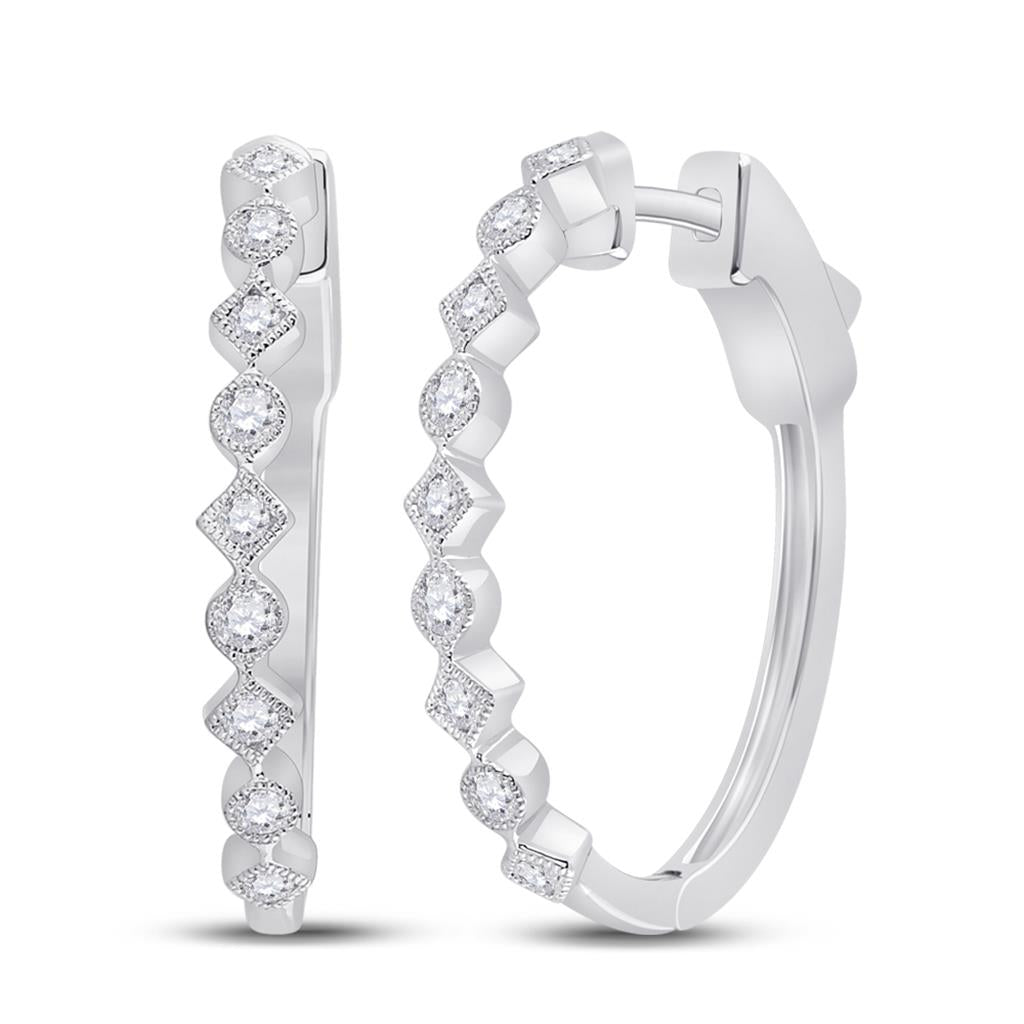 14k White Gold Round Diamond Milgrain Square Dot Hoop Earrings 1/2 Cttw
