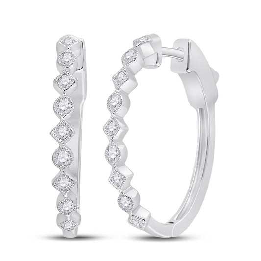 14k White Gold Round Diamond Milgrain Square Dot Hoop Earrings 1/2 Cttw