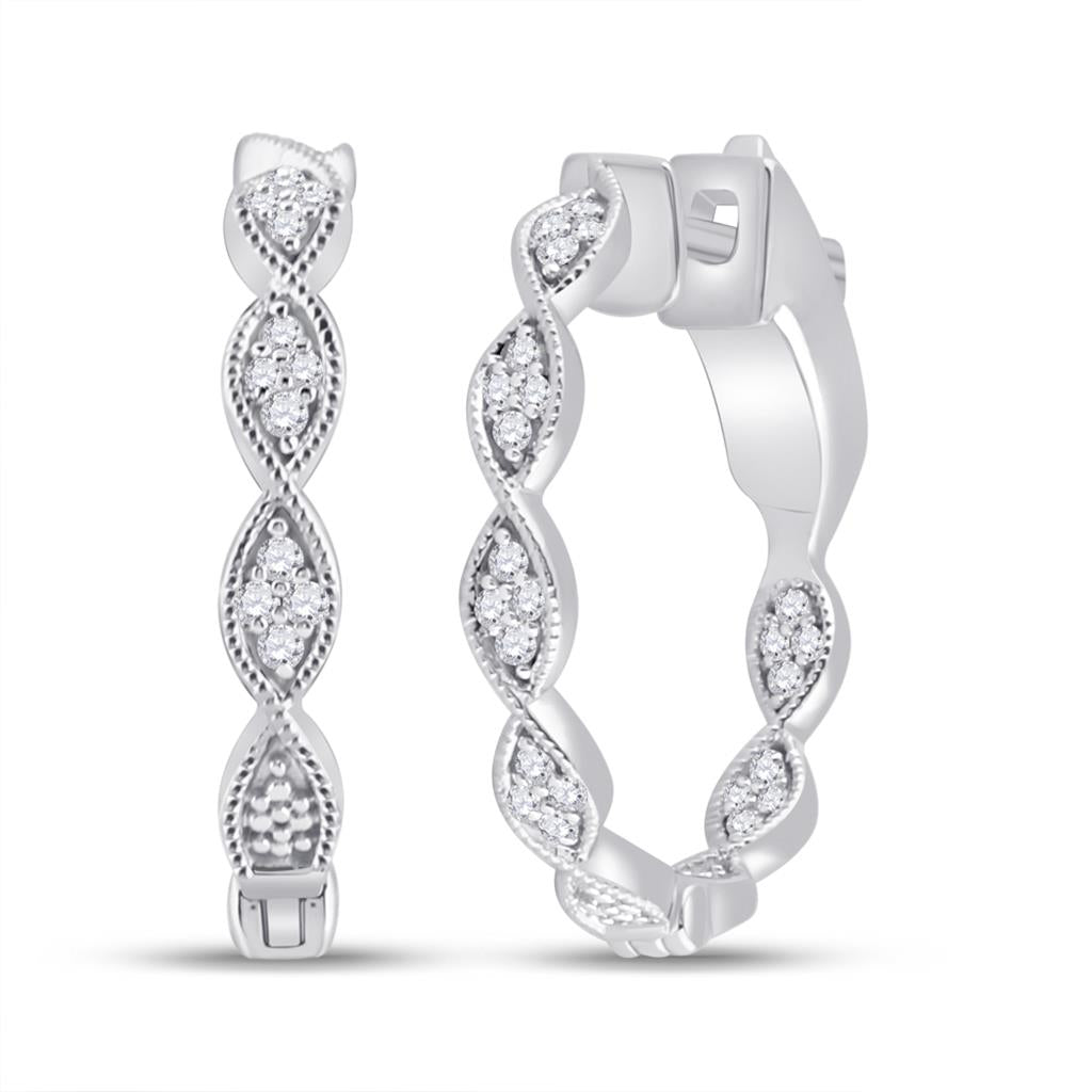 14k White Gold Round Diamond Fashion Hoop Earrings 1/5 Cttw