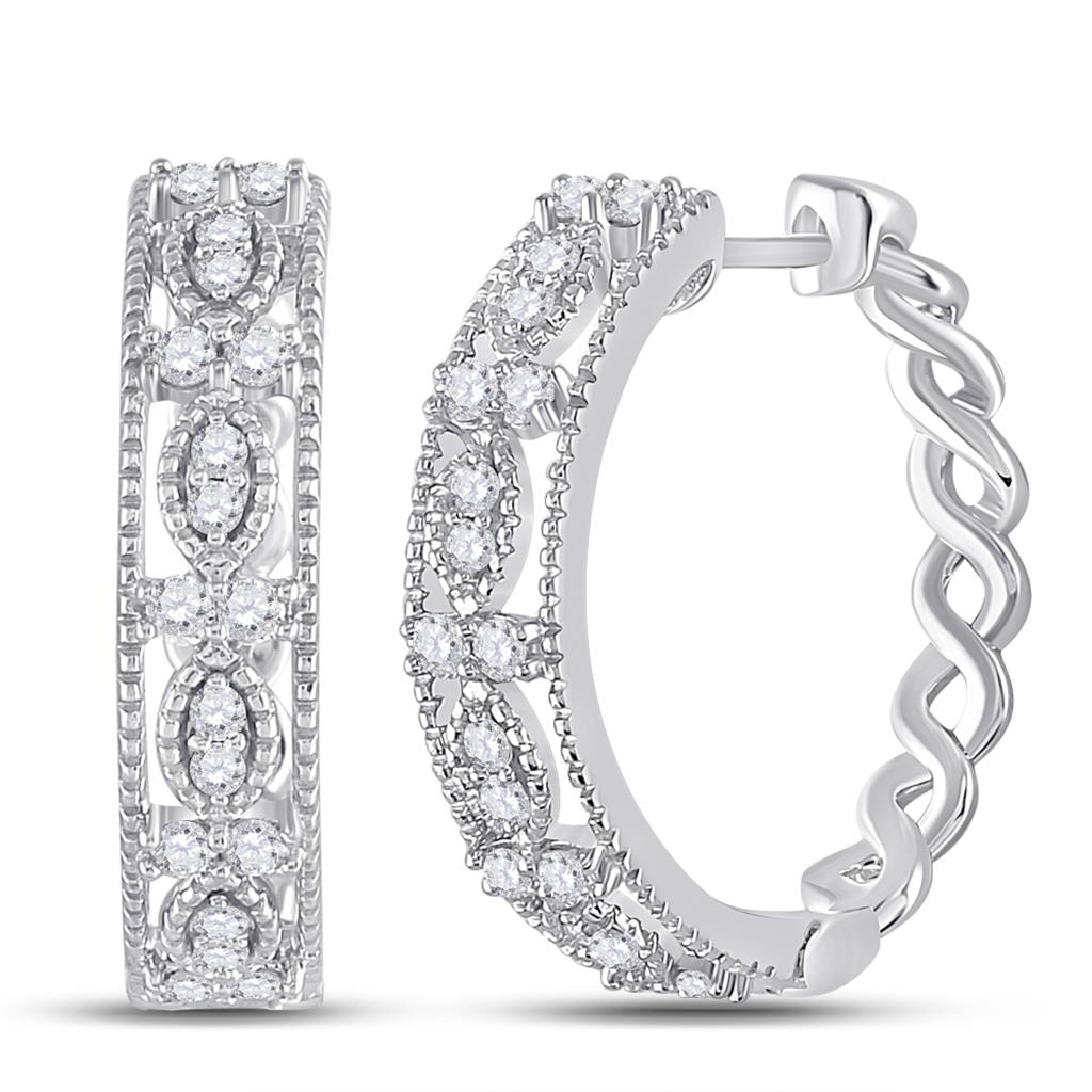 14k White Gold Round Diamond Milgrain Hoop Earrings 1/2 Cttw