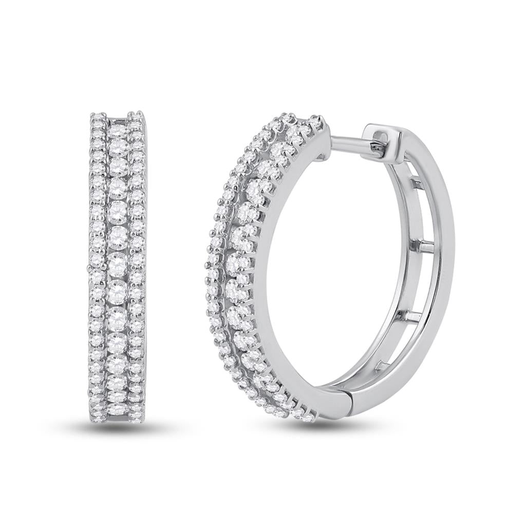 14k White Gold Round Diamond Hoop Earrings 7/8 Cttw