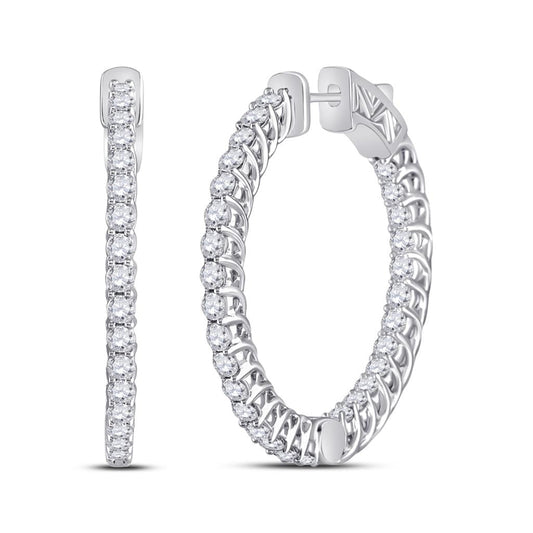 14k White Gold Round Diamond Single Row Hoop Earrings 3 Cttw