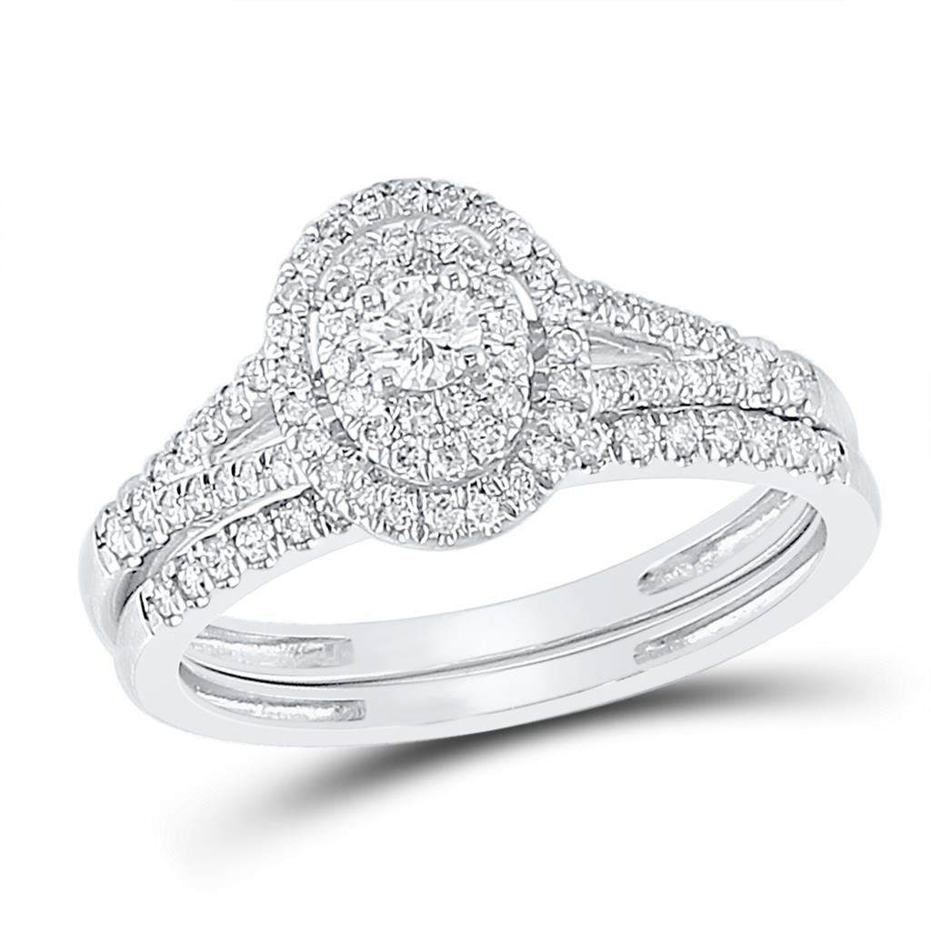14k White Gold Round Diamond Oval Bridal Wedding Ring Set 1/2 Cttw