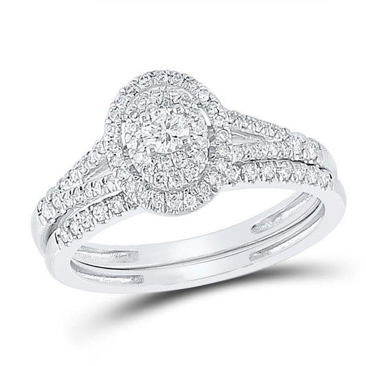 14k White Gold Round Diamond Oval Bridal Wedding Ring Set 1/2 Cttw
