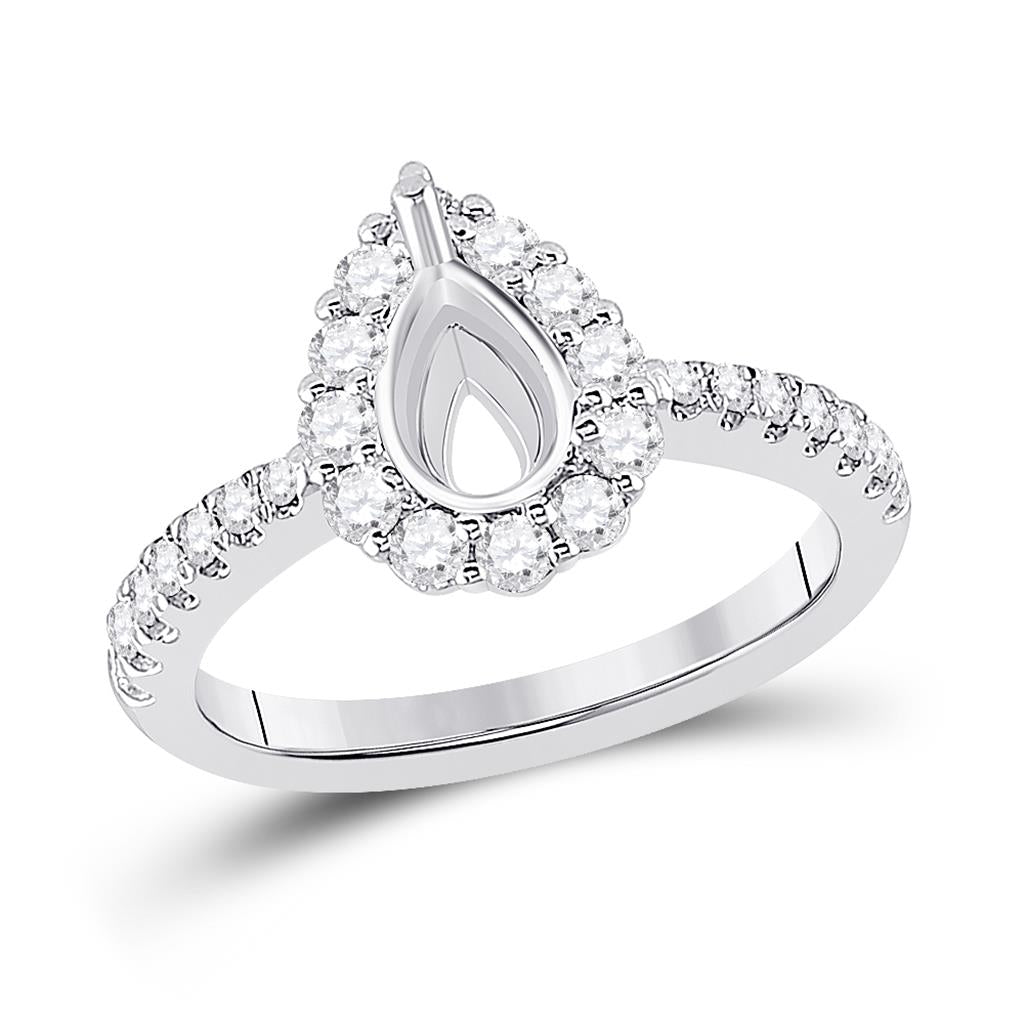 14k White Gold Round Diamond 1 Ct Pear Center Halo Bridal Semi-Mount Ring 5/8 Ctw