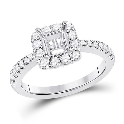 14k White Gold Round Diamond 1 Ct Princess Center Halo Bridal Semi-Mount 5/8 Ctw