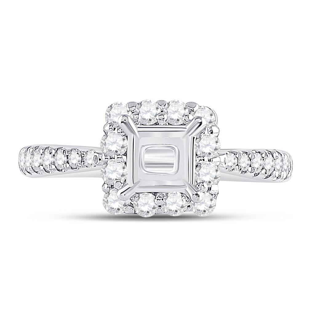 14k White Gold Round Diamond 1 Ct Princess Center Halo Bridal Semi-Mount 5/8 Ctw