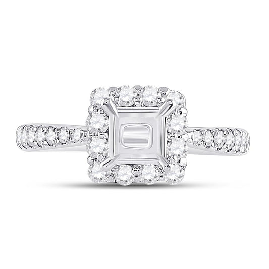 14k White Gold Round Diamond 1 Ct Princess Center Halo Bridal Semi-Mount 5/8 Ctw