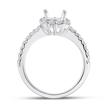 14k White Gold Round Diamond 1 Ct Princess Center Halo Bridal Semi-Mount 5/8 Ctw