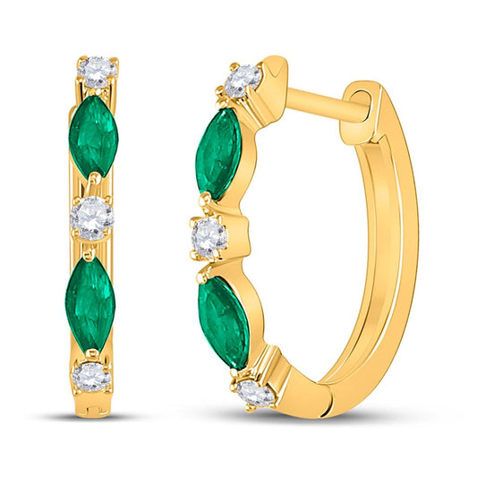 14k Yellow Gold Marquise Emerald Fashion Diamond Hoop Earrings 3/8 Cttw