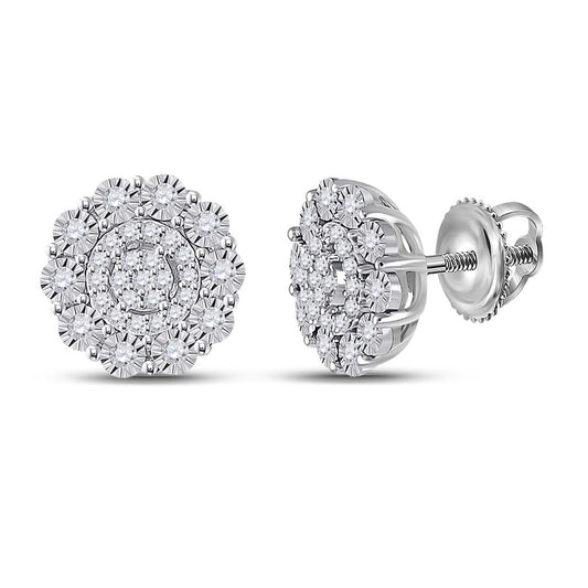 14k White Gold Round Diamond Cluster Earrings 1/5 Cttw