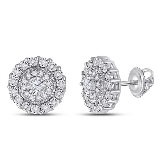 14k White Gold Round Diamond Fashion Cluster Earrings 1/5 Cttw