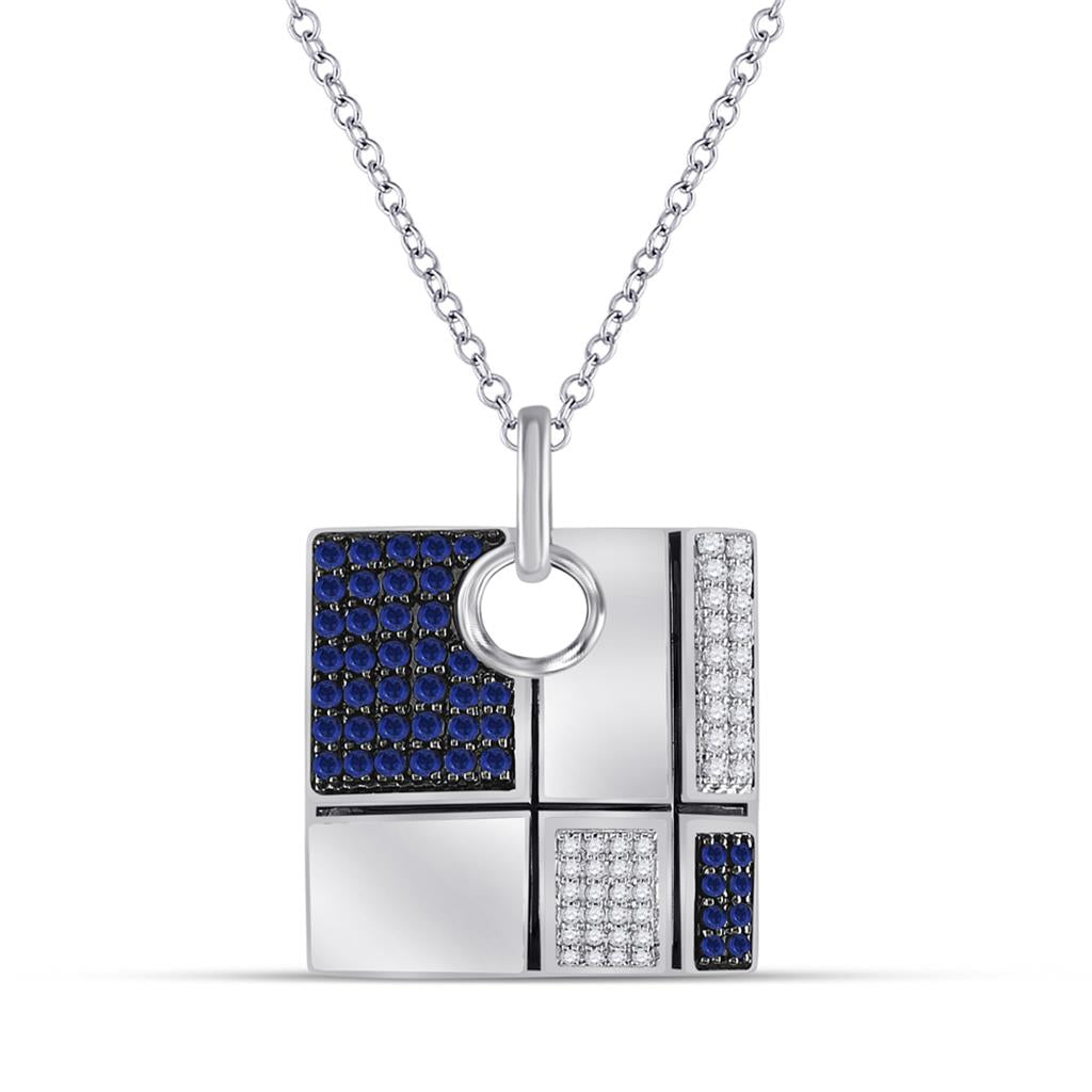 14k White Gold Round Blue Sapphire Fashion Square Necklace 3/4 Ctw