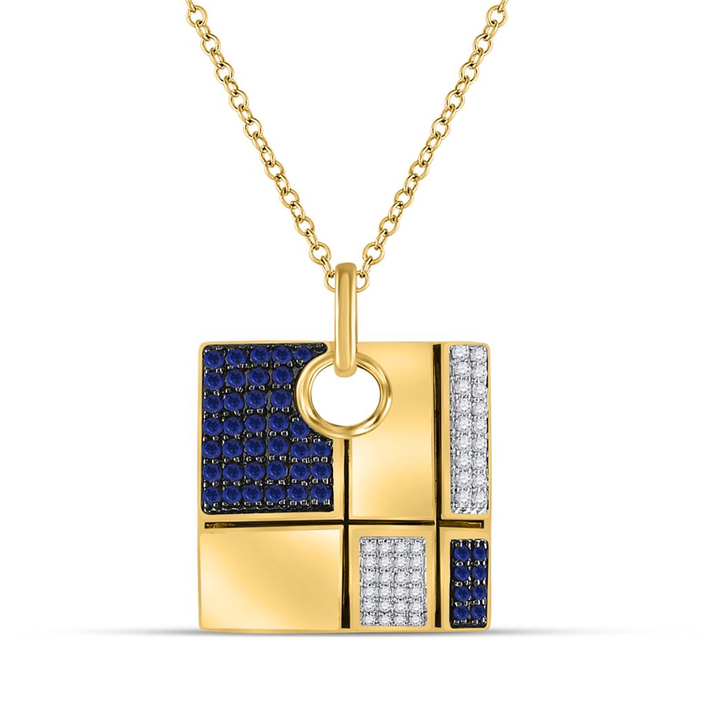 14k Yellow Gold Round Blue Sapphire Fashion Square Necklace 3/4 Ctw