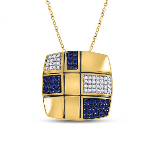 14k Yellow Gold Round Blue Sapphire Diamond Square Pendant 5/8 Cttw
