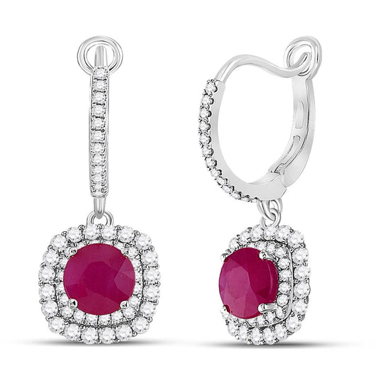 14k Yellow Gold Round Ruby Diamond Hoop Dangle Earrings 2-3/4 Cttw
