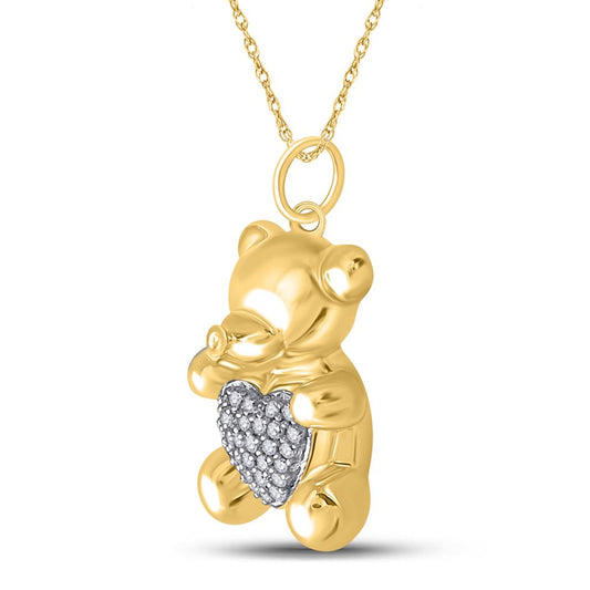 10k Yellow Gold Round Diamond Bear Heart Animal Pendant 1/10 Cttw