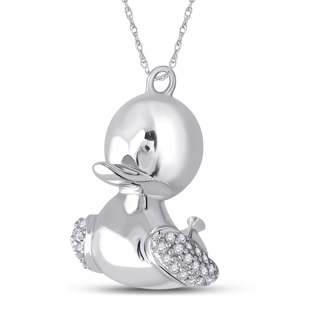 14k White Gold Round Diamond Duck Animal Pendant 1/10 Cttw