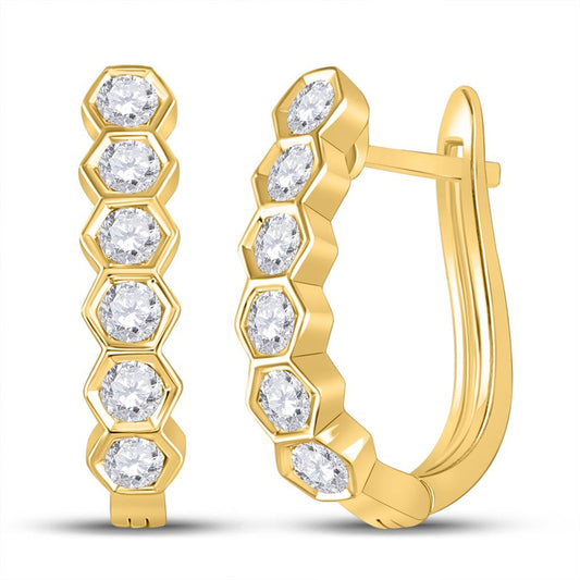 14k Yellow Gold Round Diamond Hexagonal Hoop Earrings 5/8 Ctw