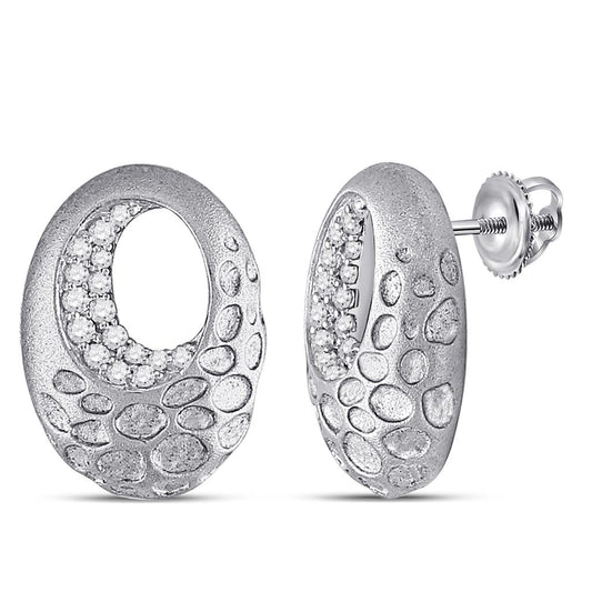 14k White Gold Round Diamond Pitted Oval Earrings 1/5 Cttw