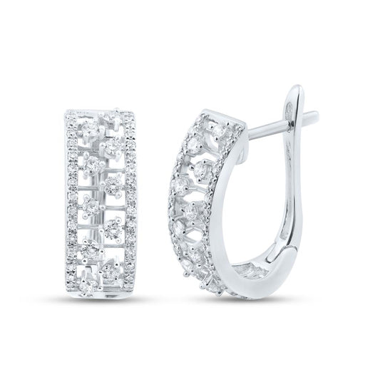 14k White Gold Round Diamond Oblong Hoop Earrings 3/4 Cttw