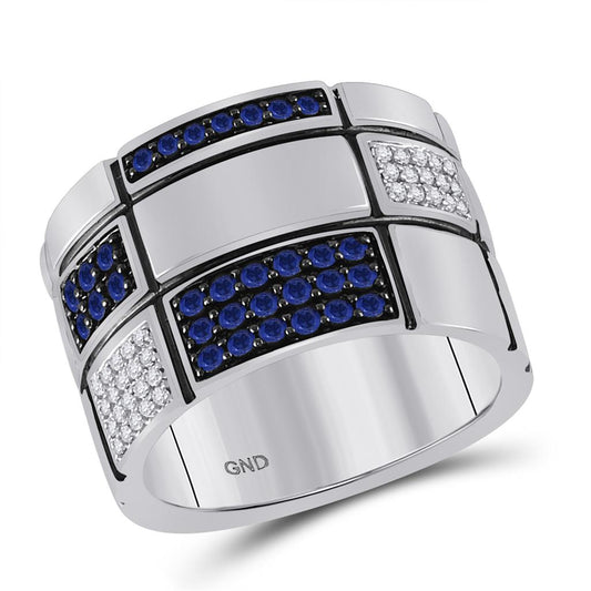 14k White Gold Round Blue Sapphire Diamond Checkered Band Ring 3/4 Cttw