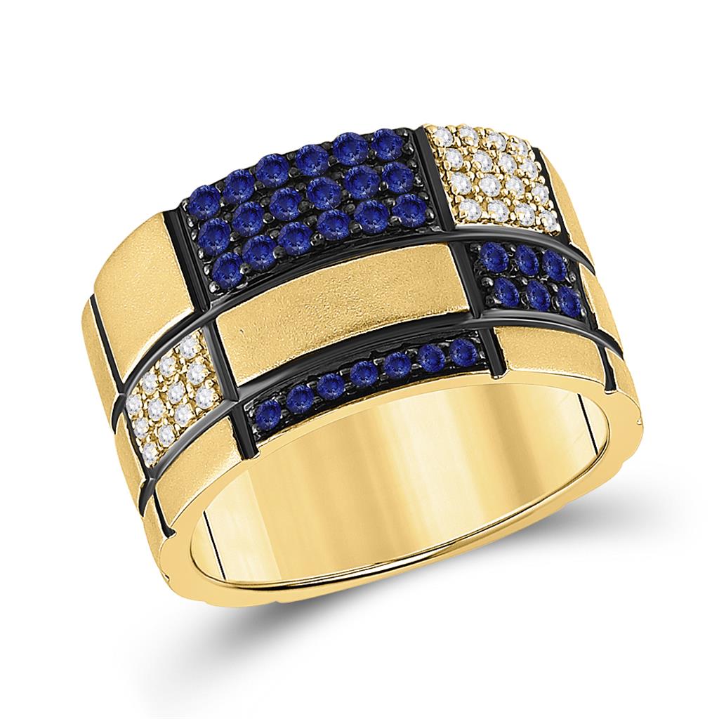 14k Yellow Gold Round Blue Sapphire Checkered Band Ring 5/8 Cttw