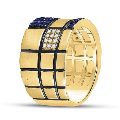 14k Yellow Gold Round Blue Sapphire Checkered Band Ring 5/8 Cttw