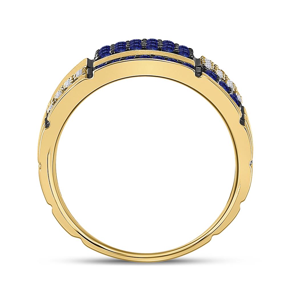 14k Yellow Gold Round Blue Sapphire Checkered Band Ring 5/8 Cttw