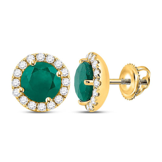 14k Yellow Gold Round Emerald Diamond Halo Earrings 1-1/5 Cttw