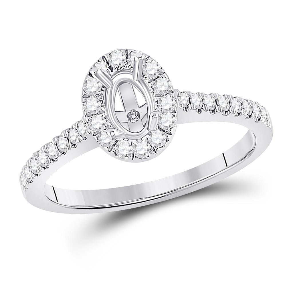 14k White Gold Round Diamond 1/2 Ct Oval Center Bridal Semi-Mount Ring 1/3 Cttw