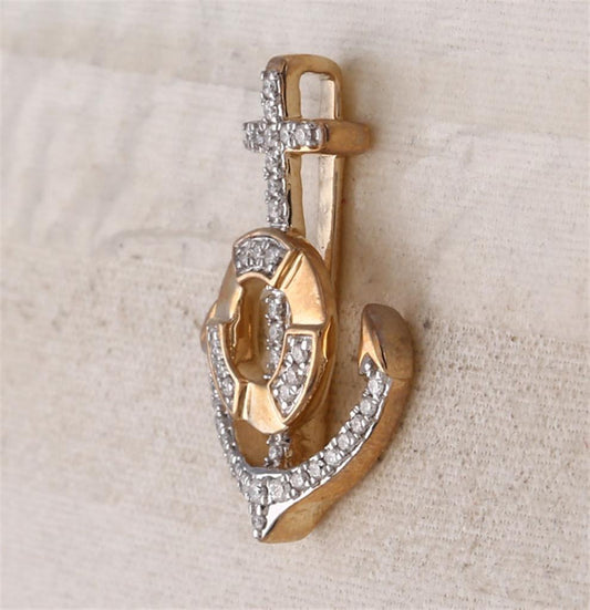 10k Yellow Gold Round Diamond Anchor Nautical Pendant 1/5 Cttw