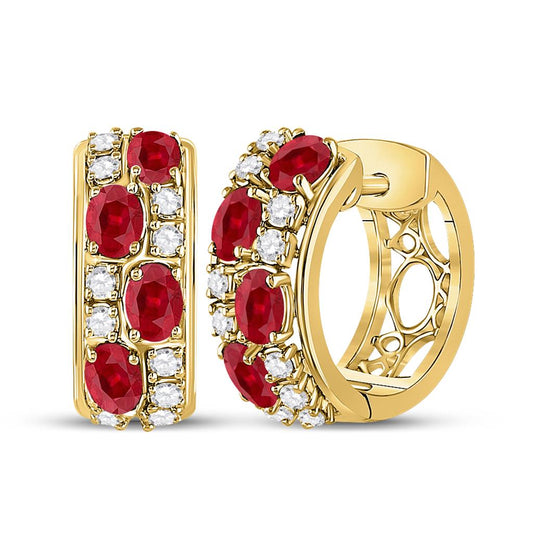 14k Yellow Gold Oval Ruby Fashion Hoop Earrings 2-1/4 Cttw