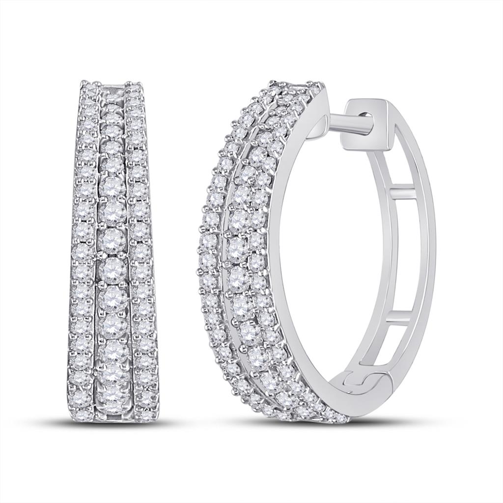 14k White Gold Round Diamond Fashion Tapered Hoop Earrings 1 Cttw